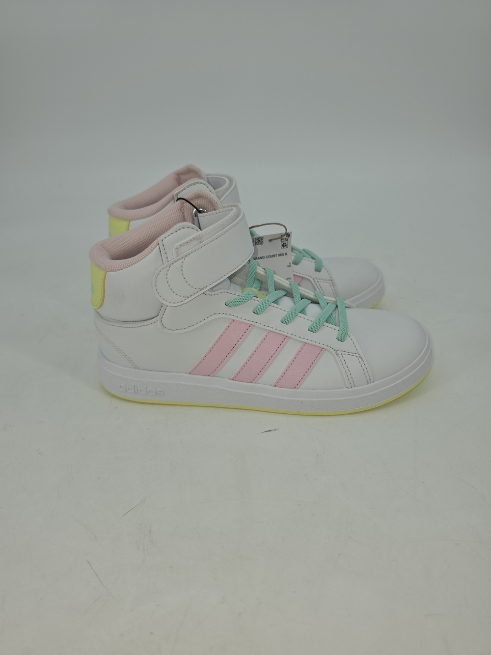 Adidas High-Top Sneakers in White with Pink Stripes and Mint Laces Y 5.5 W 7.5
